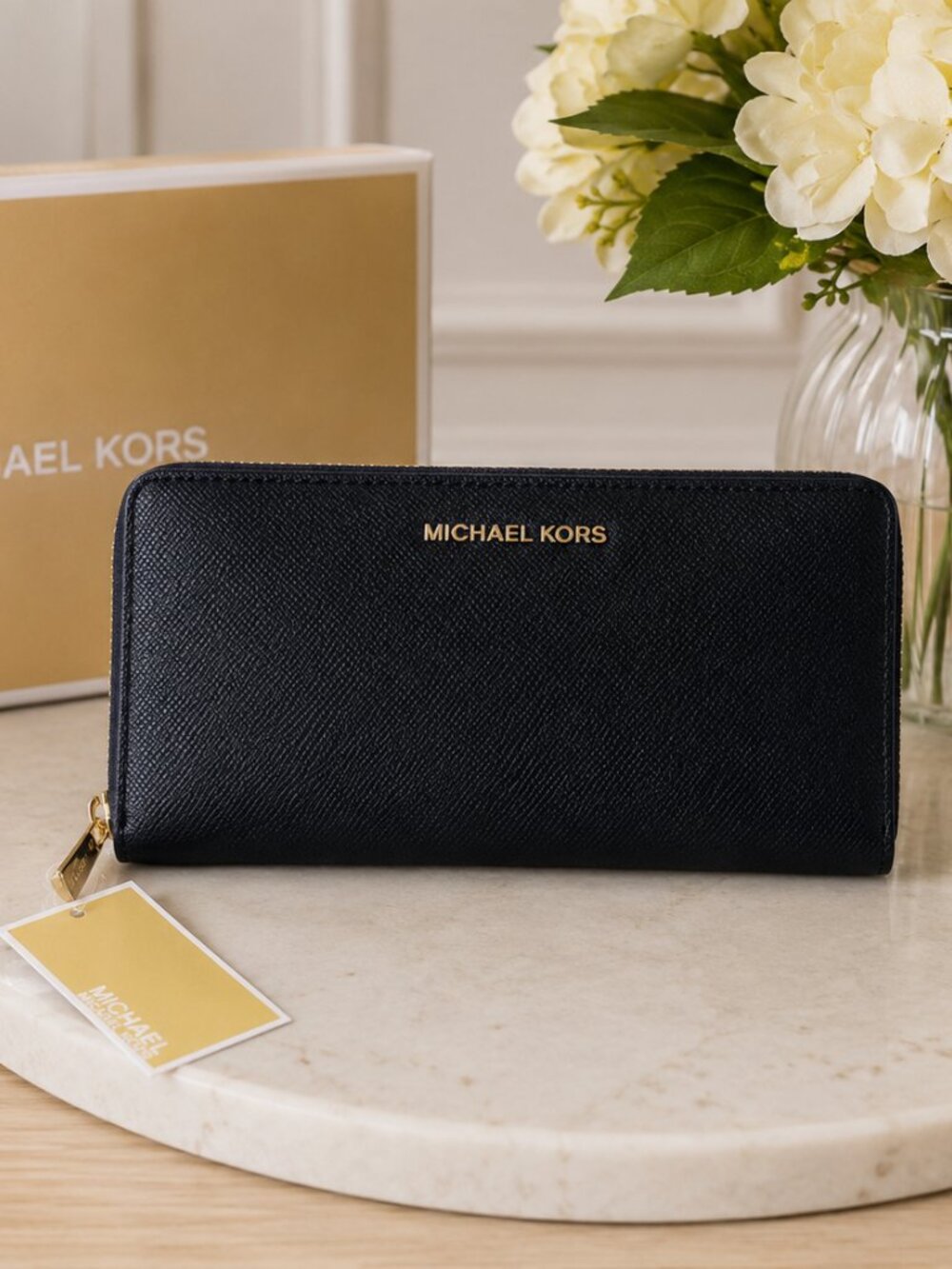 Michael Kors Black Pebbled Leather Zip Phone Wallet NWT
